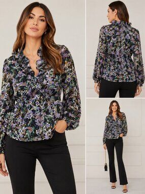 NWT Catherine Malandrino Women Floral Blouse Sz L Black Purple Boho Ruffle Top